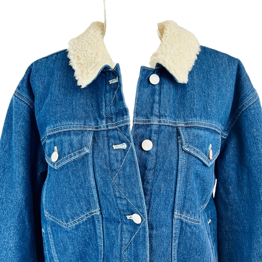 MADEWELL Blue Oversized Trucker Jean Denim Jacket Sherpa Lined Cropped XL NWT - Picture 3 of 15